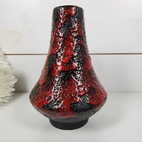 70s West Germany Fat Lava Vase 44-25 | Black & Red Handled Vase | Mid Century - Picture 8 of 12